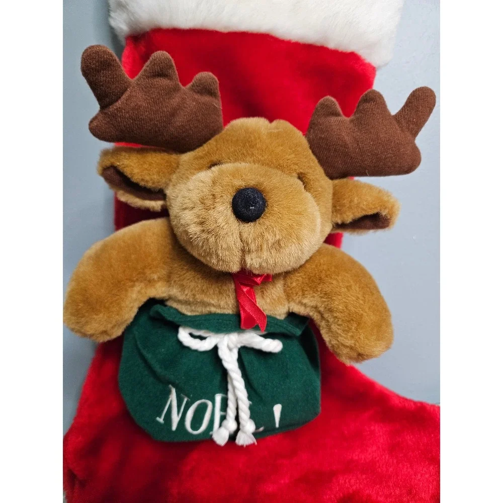 Christmas Stocking Red Reindeer Plush 3D Noel Green Sack Faux Fur Trim 20 Inch
